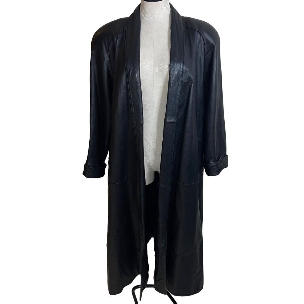 Avanti Vintage Womens Coat Size Medium Black Long Open Pockets Leather